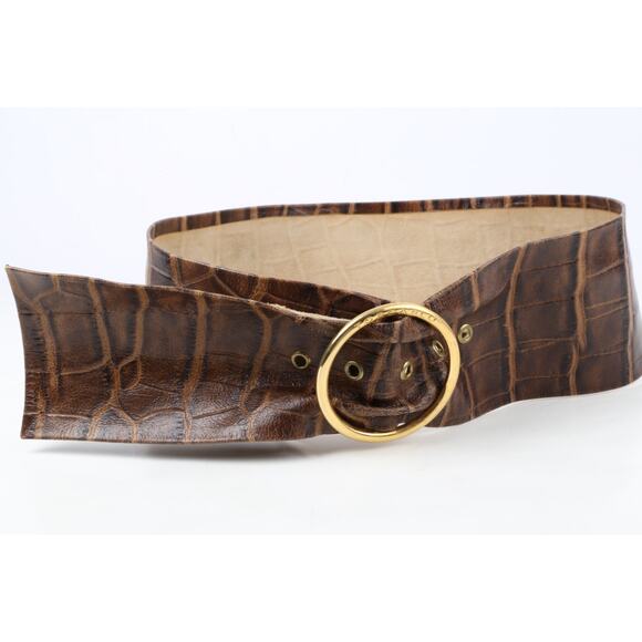 Vintage Croco Print Leather Belt Brown Wide Gold Round Buckle Size S main image 14